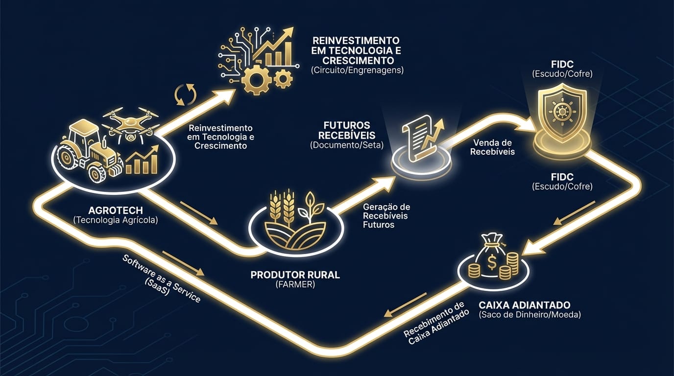 Diagrama ilustrando o funcionamento de um FIDC para uma Agrotech, mostrando o fluxo desde a prestação de serviço ao agricultor até o recebimento do caixa para reinvestimento.