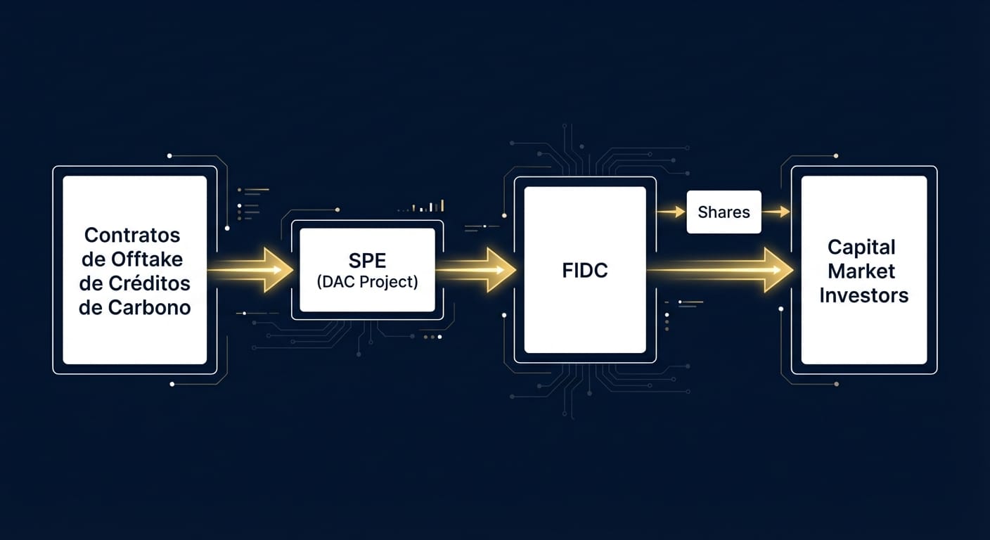 Diagrama de fluxo ilustrando a estrutura de um FIDC-DAC, desde os contratos de offtake até a emissão de cotas para investidores.