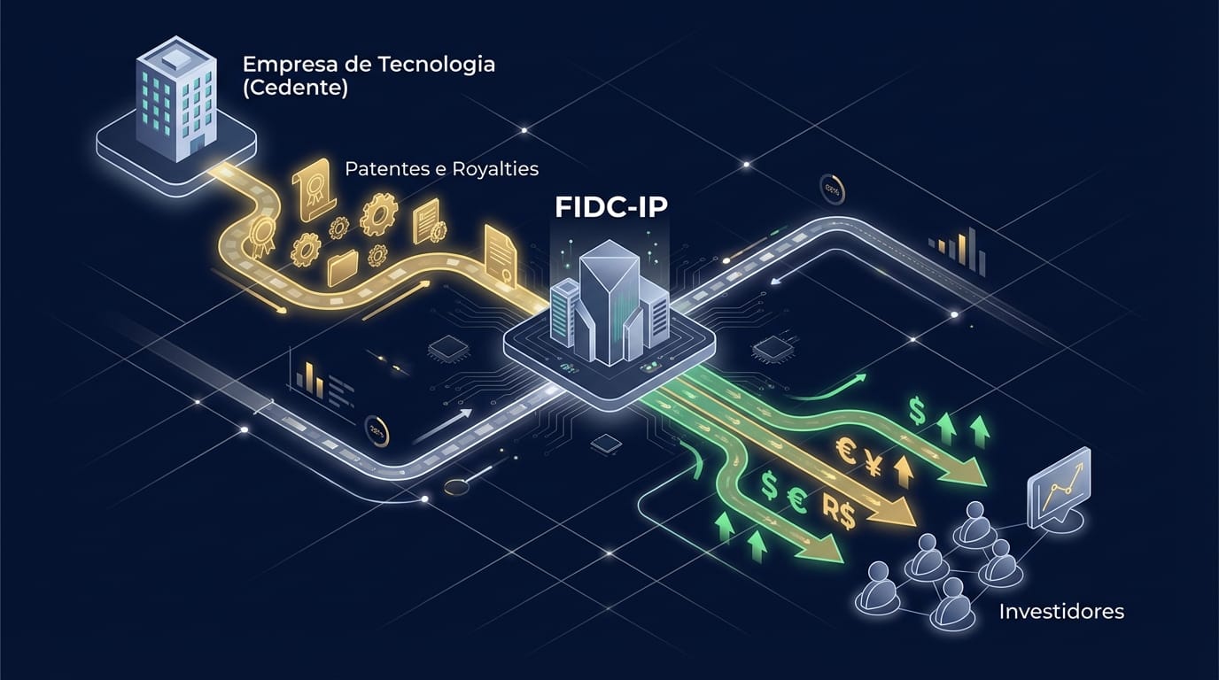 Diagrama explicando o funcionamento de um FIDC de Propriedade Intelectual (FIDC-IP), mostrando o fluxo de patentes e royalties da empresa de tecnologia para o FIDC e o fluxo de capital para os investidores.