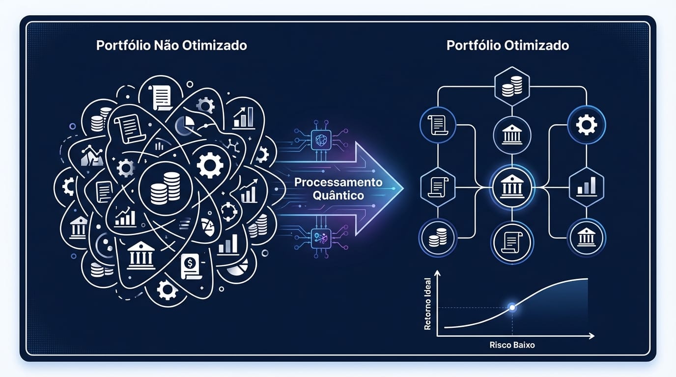 Diagrama de fluxo ilustrando como o algoritmo Quantum Annealing otimiza um portfólio de FIDC, mostrando a transição de uma nuvem caótica de 'direitos creditórios' para uma carteira perfeitamente balanceada com uma curva de risco-retorno ideal destacada.