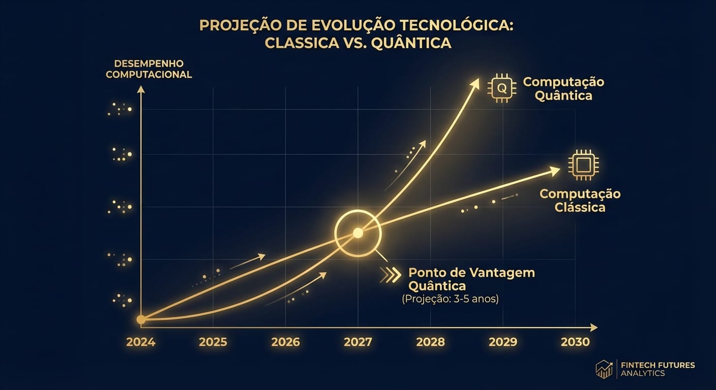 Representação visual da 'Vantagem Quântica' em um gráfico de linha do tempo (2024-2030), mostrando a capacidade de resolução de problemas da computação quântica crescendo exponencialmente e ultrapassando a linha linear da computação clássica no 'Ponto de Vantagem Quântica'.