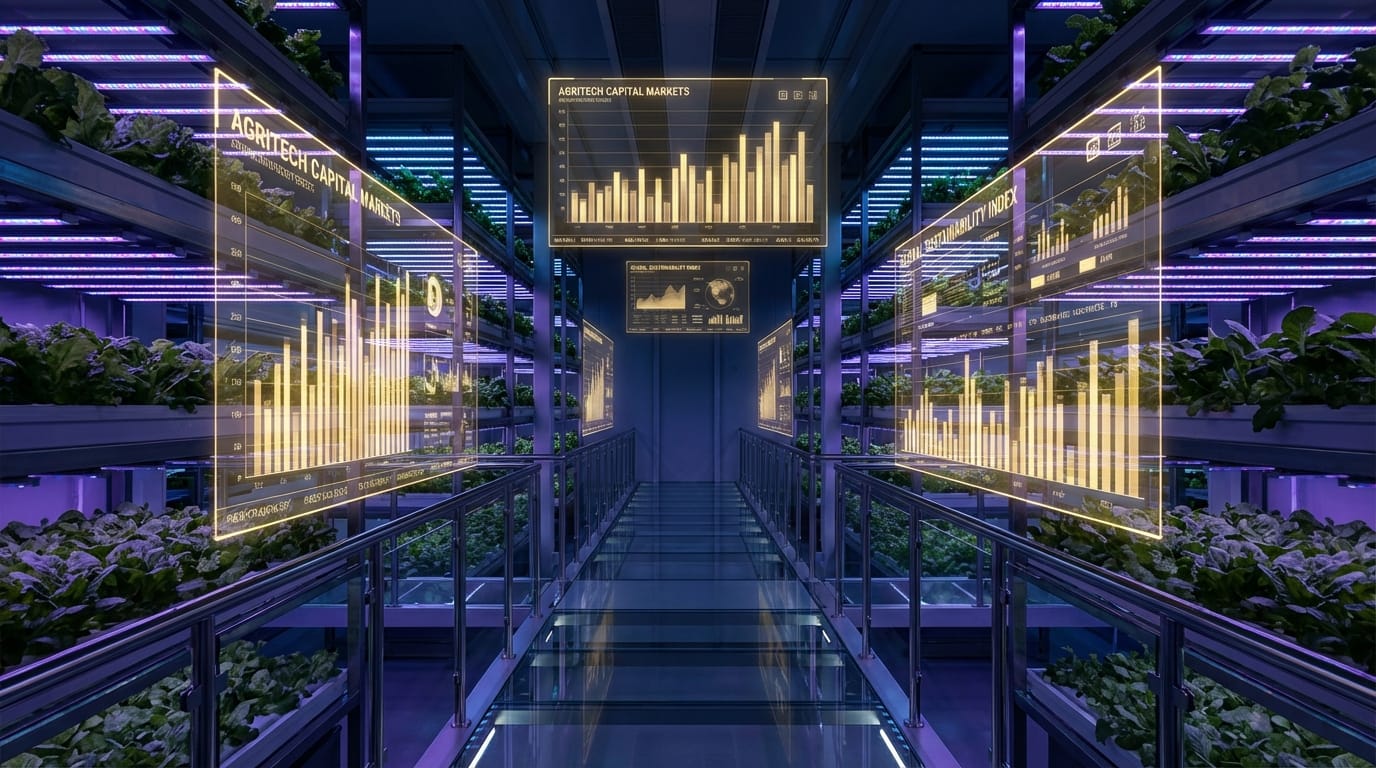 Fazenda vertical high-tech com holograma de gráficos financeiros, simbolizando a união entre agrotech e mercado de capitais.