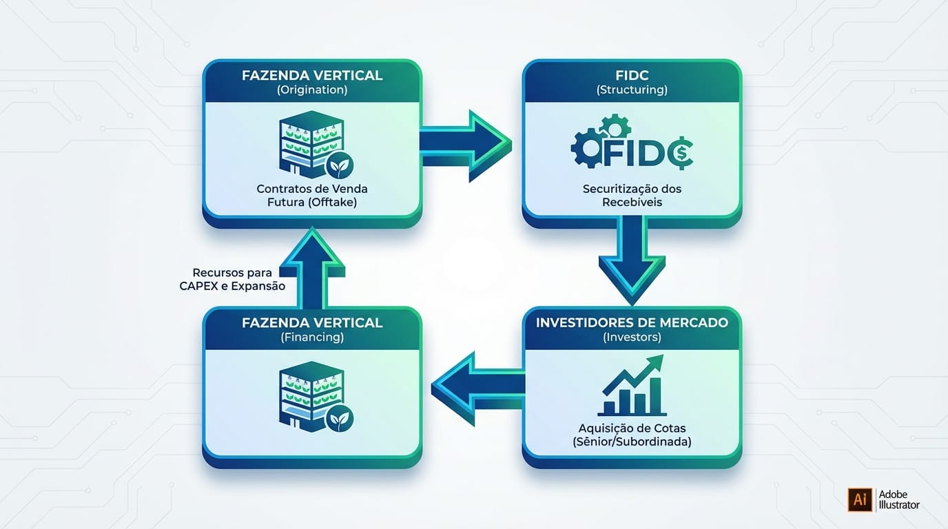 Fluxograma ilustrando a estrutura de um FIDC para fazendas verticais: Originação, Estruturação, Investidores e Financiamento.