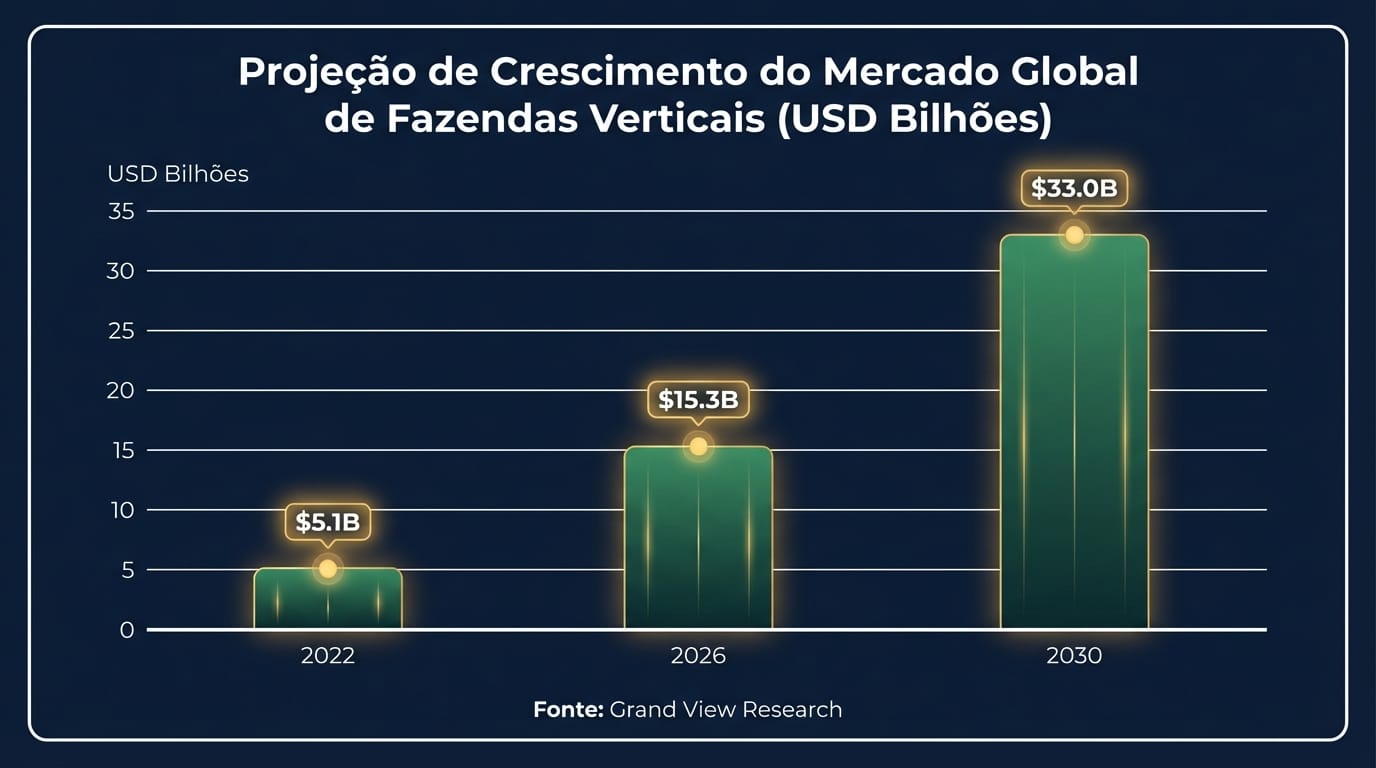 Gráfico de barras mostrando a projeção de crescimento do mercado global de fazendas verticais de US$ 5.1B em 2022 para US$ 33.0B em 2030.