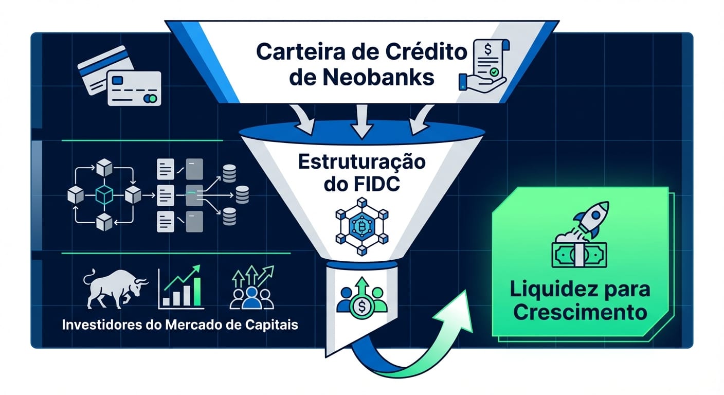 Infográfico do funil de financiamento de neobanks via FIDC