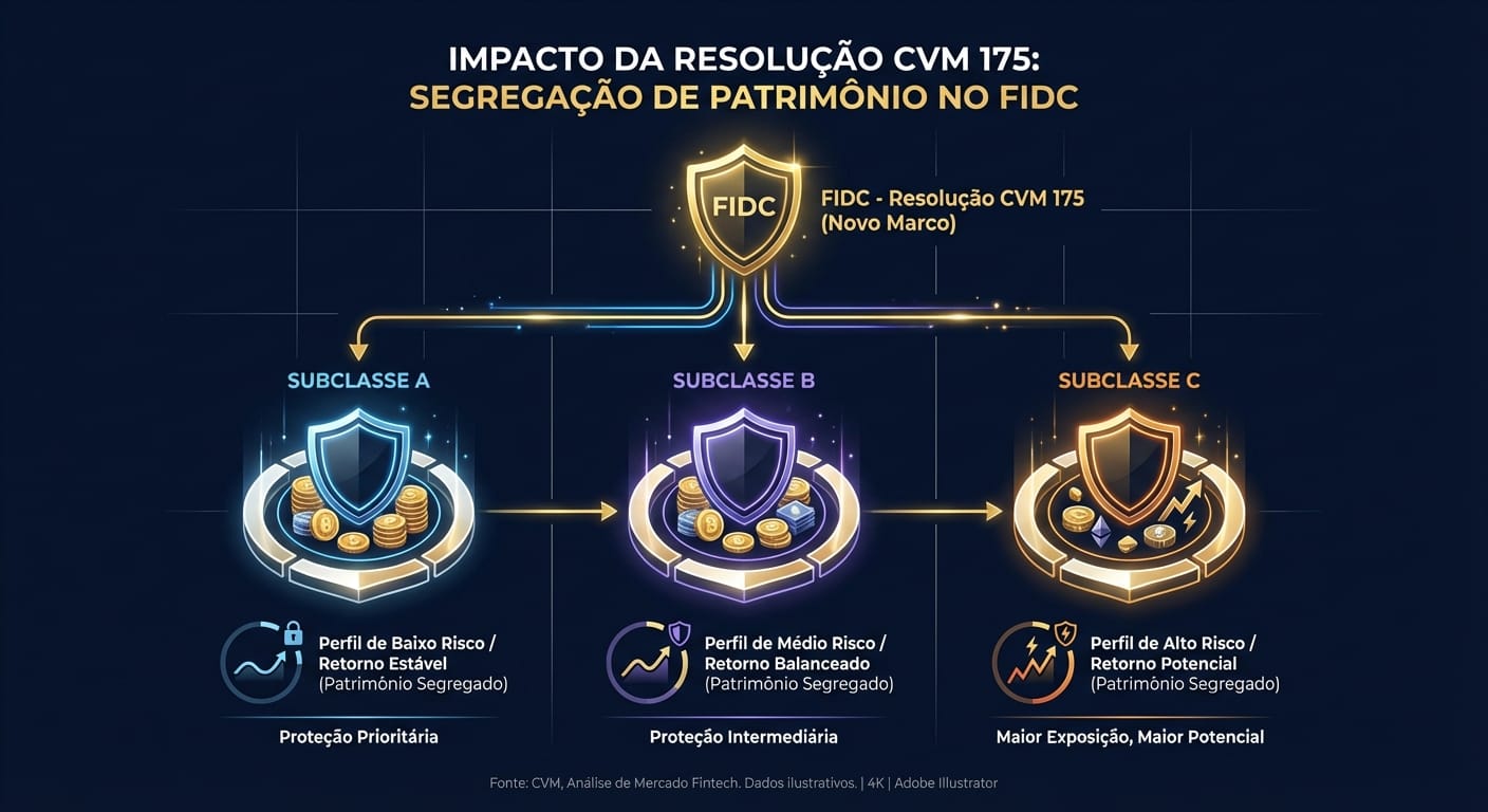 Representação visual de um FIDC com subclasses de cotas e patrimônio segregado, conforme a Resolução CVM 175.