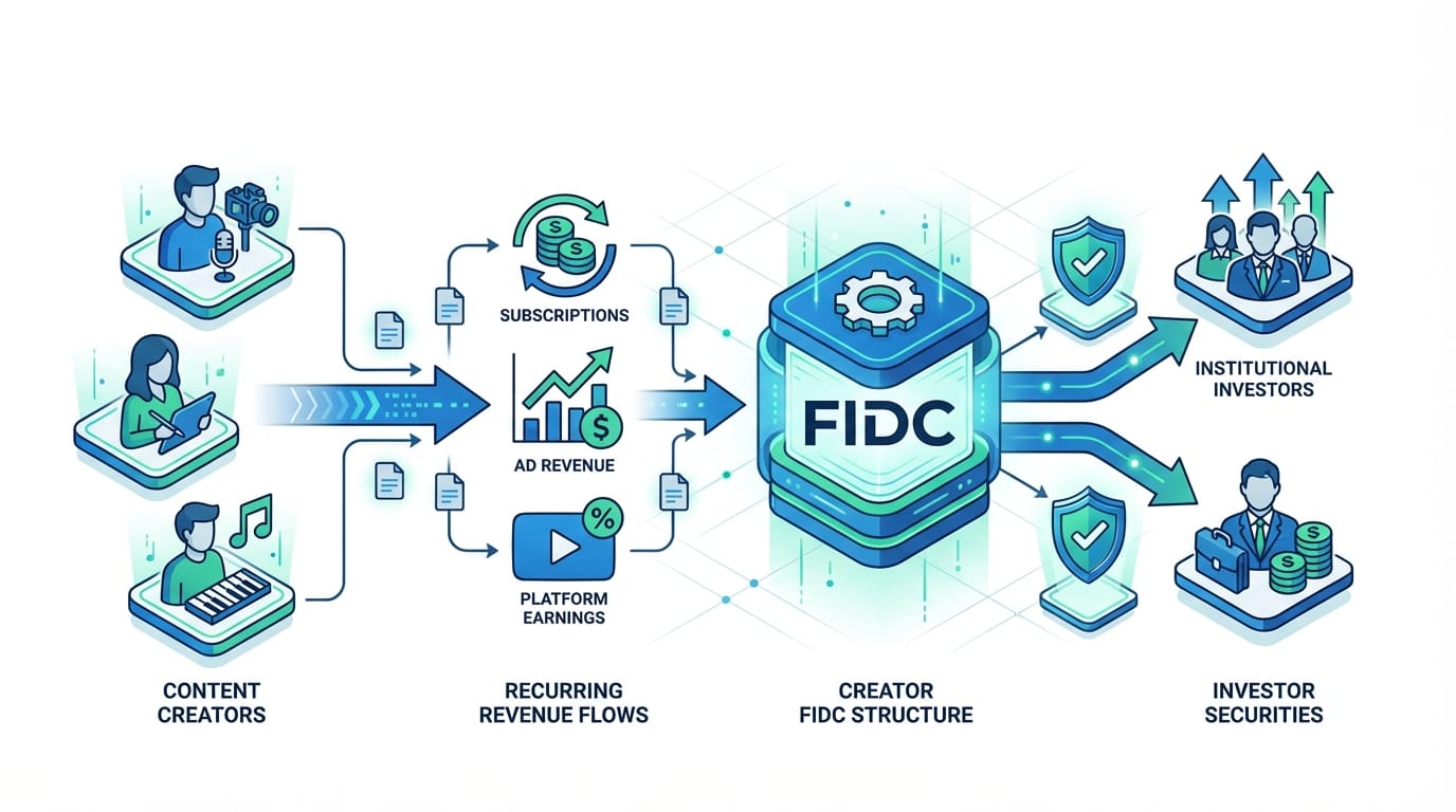 Diagrama profissional e claro ilustrando o fluxo de um 'FIDC de Criadores'. Ícones de criadores de conteúdo geram receitas recorrentes (assinaturas, anúncios), que fluem para uma estrutura central de FIDC, que por sua vez emite títulos para investidores. O estilo é limpo, com fundo branco e cores corporativas azul e verde.