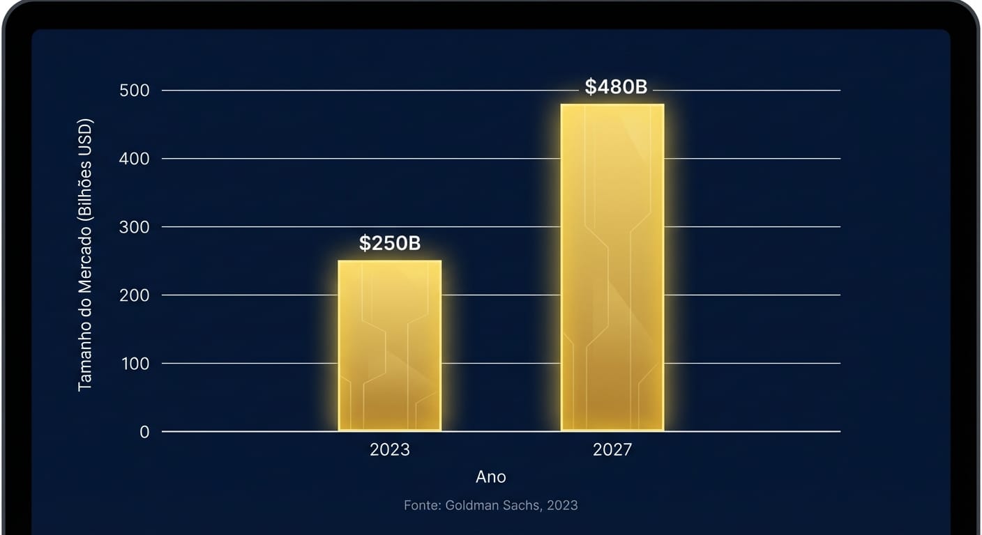Gráfico de barras profissional visualizando o crescimento projetado da Economia dos Criadores global. O eixo X mostra os anos 2023 e 2027, e o eixo Y mostra o tamanho do mercado em bilhões de dólares. A barra de 2023 está em $250B e a de 2027 em $480B, com a fonte 'Goldman Sachs, 2023' citada na parte inferior.