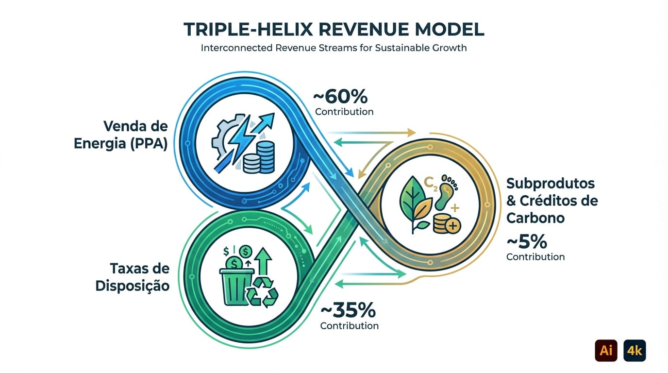 Infográfico do Modelo de Receita Tríplice Hélice para projetos Waste-to-Energy, mostrando Venda de Energia (PPA), Taxas de Recebimento (Tipping Fees) e Subprodutos & Créditos de Carbono.