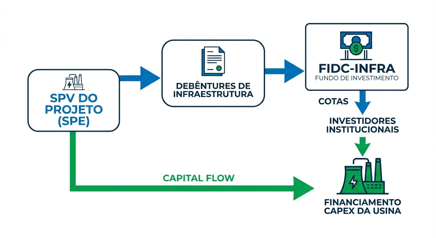 Fluxograma financeiro mostrando como um FIDC-Infra financia uma usina de Waste-to-Energy através da aquisição de debêntures de infraestrutura e emissão de cotas para investidores.