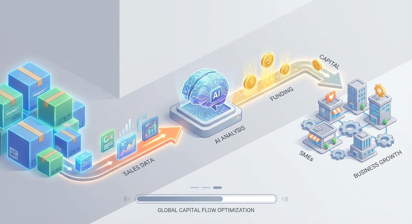 Infográfico 3D mostrando o fluxo de capital de e-commerce para crédito de PMEs via IA.
