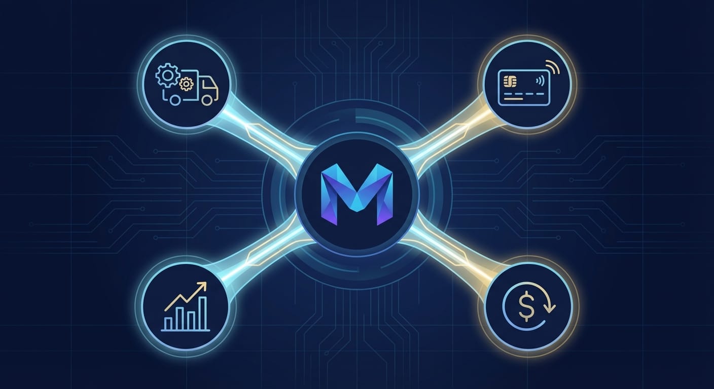 Representação visual do ecossistema integrado de um marketplace, conectando logística, pagamentos, dados e capital.