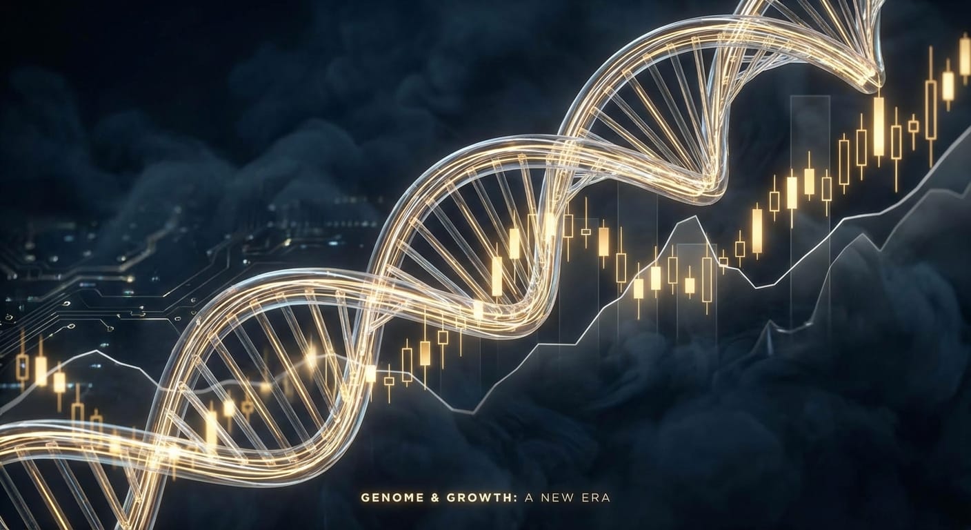 Fusão da ciência (DNA e moléculas) com o mercado financeiro (gráficos de alta e dados)