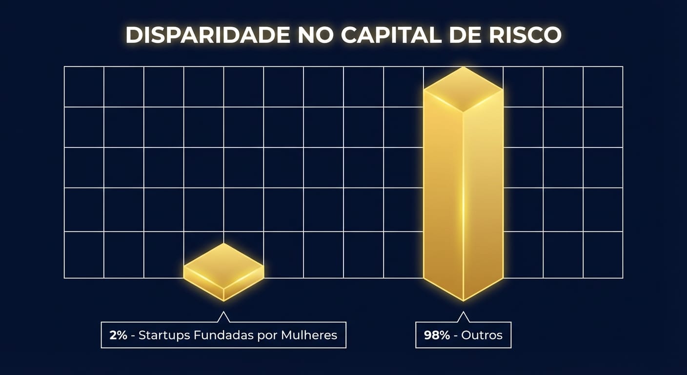 Gráfico 3D mostrando a disparidade no financiamento de risco: uma barra de 2% para startups fundadas por mulheres contra uma barra de 98% para outras.