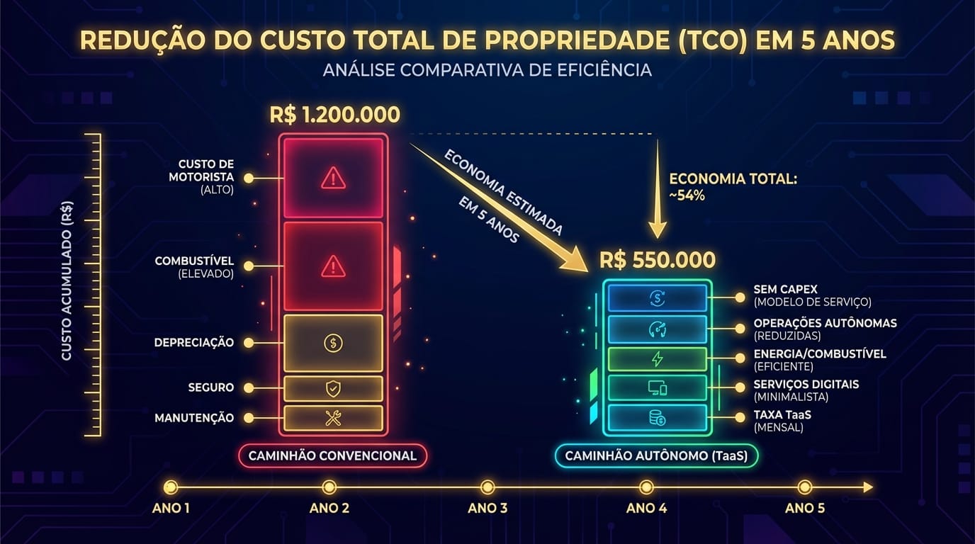Gráfico comparativo do Custo Total de Propriedade (TCO) entre caminhão convencional e autônomo (TaaS)