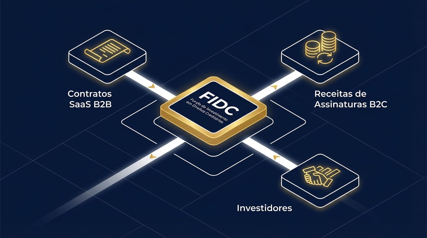 Diagrama ilustrando a estrutura de um FIDC para Femtechs, mostrando o fluxo de contratos SaaS B2B e receitas de assinaturas B2C para o fundo, que emite cotas para investidores.