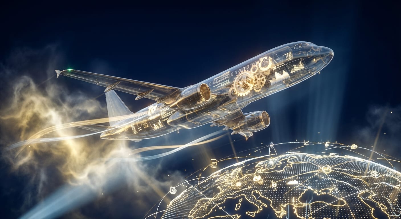Imagem conceitual de um avião estilizado com engrenagens financeiras internas, voando sobre um globo digital, representando a intersecção entre finanças e tecnologia no setor de viagens.