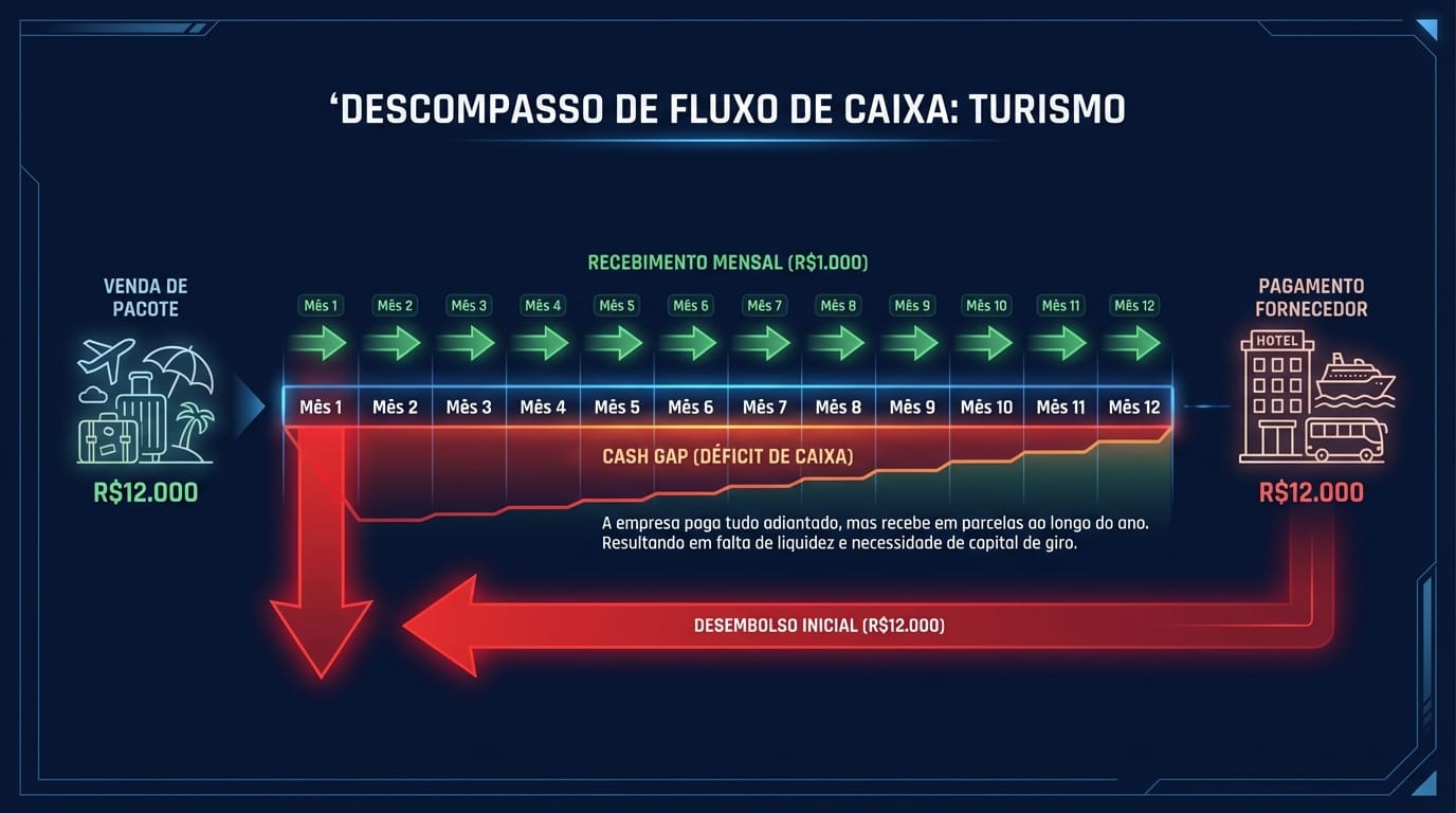 Infográfico ilustrando o descasamento de fluxo de caixa no turismo, mostrando pequenas entradas de dinheiro ao longo de 12 meses contra uma grande saída de dinheiro no início, destacando o 'Vale de Caixa'.