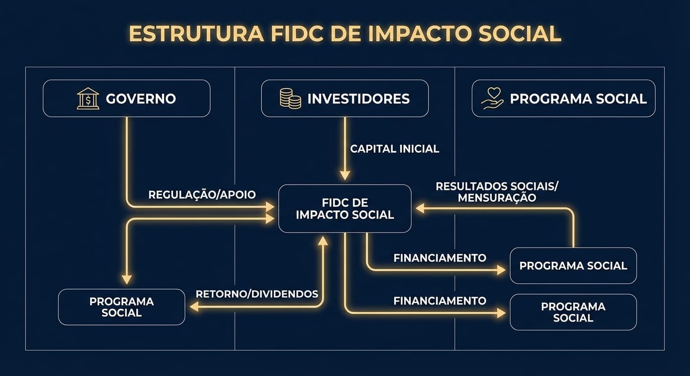 Diagrama de fluxo ilustrando o funcionamento de um FIDC de Impacto Social, conectando Governo, Investidores e a Organização Social que executa o projeto.