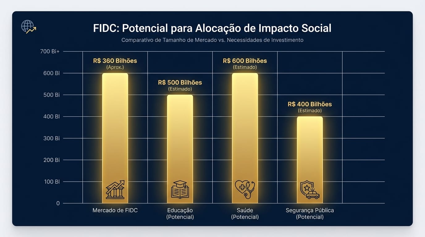 Gráfico de barras mostrando o potencial de alocação do mercado de FIDCs em setores de impacto social como Educação, Saúde e Segurança.