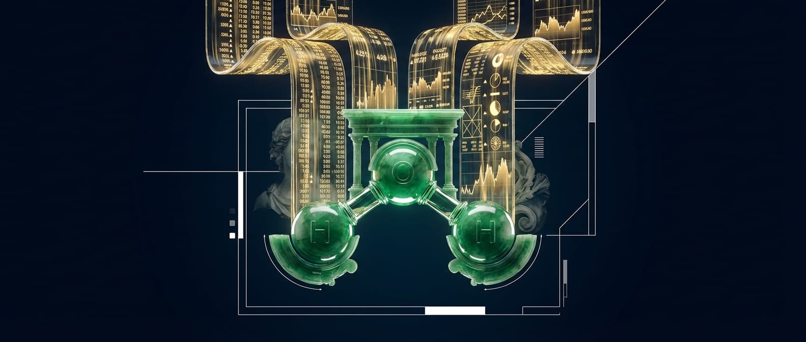Imagem conceitual futurista representando a interseção entre finanças e a molécula de hidrogênio verde, com um eletrolisador estilizado e gráficos financeiros holográficos.
