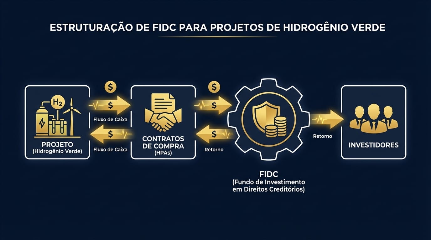 Infográfico ilustrando a estrutura de um FIDC para financiar um projeto de Hidrogênio Verde, mostrando o fluxo de contratos (HPAs) e caixa entre o projeto, o FIDC e os investidores.