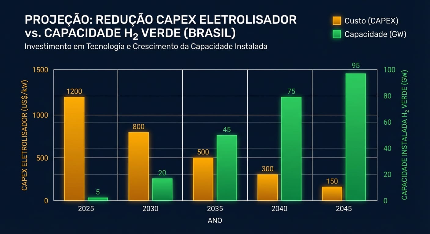 Gráfico projetando a redução do custo de CAPEX dos eletrolisadores e o aumento da capacidade instalada de H2V no Brasil até 2040.