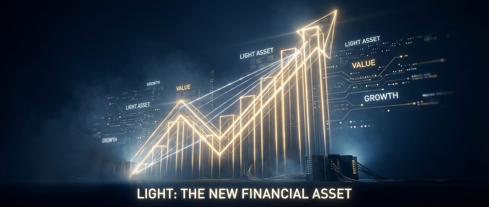 Imagem futurista de raios de luz formando um gráfico financeiro ascendente, simbolizando a transformação da luz em um ativo financeiro.