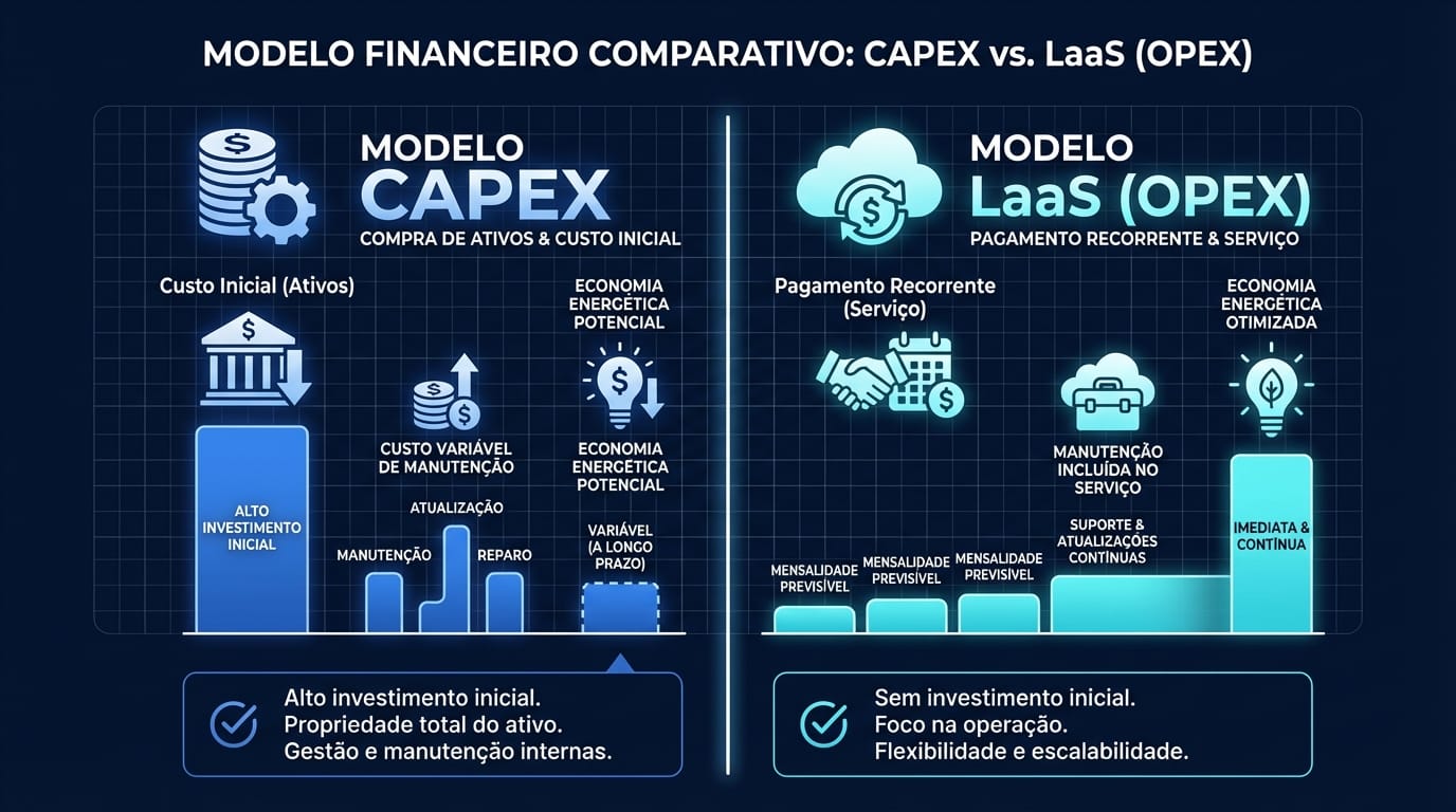 Infográfico comparando o modelo de investimento CAPEX (custo inicial alto) com o modelo de serviço LaaS/OPEX (fluxo de caixa previsível e menor).