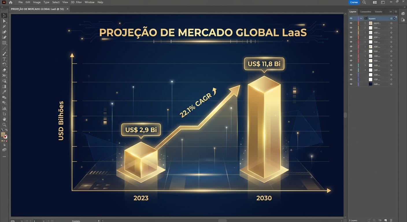 Gráfico de barras 3D mostrando a projeção de crescimento do mercado global de LaaS de US$ 2,9 Bi em 2023 para US$ 11,8 Bi em 2030.