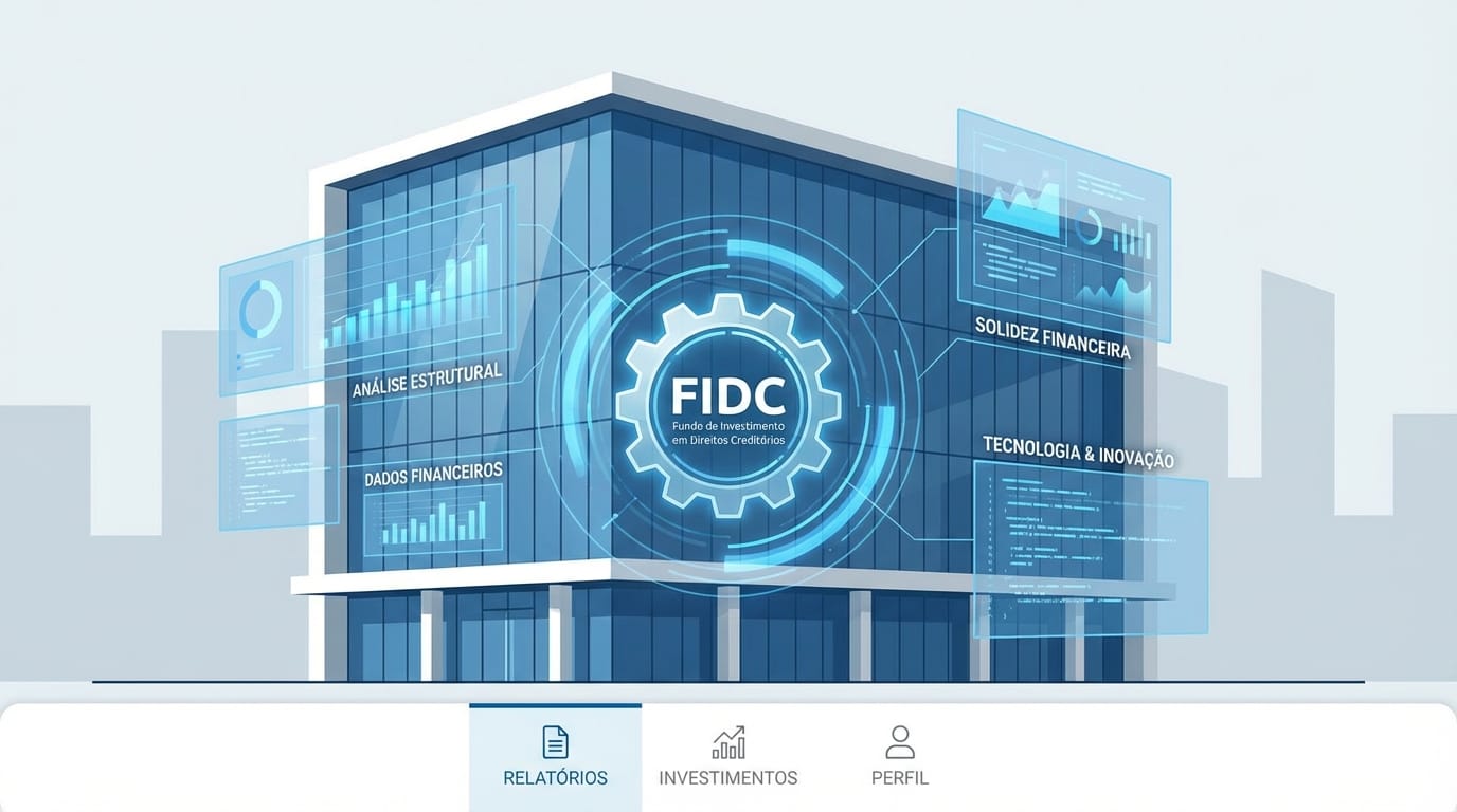 Imagem conceitual de um prédio moderno com sobreposições de gráficos de dados digitais e o símbolo de um FIDC, transmitindo tecnologia e solidez financeira.