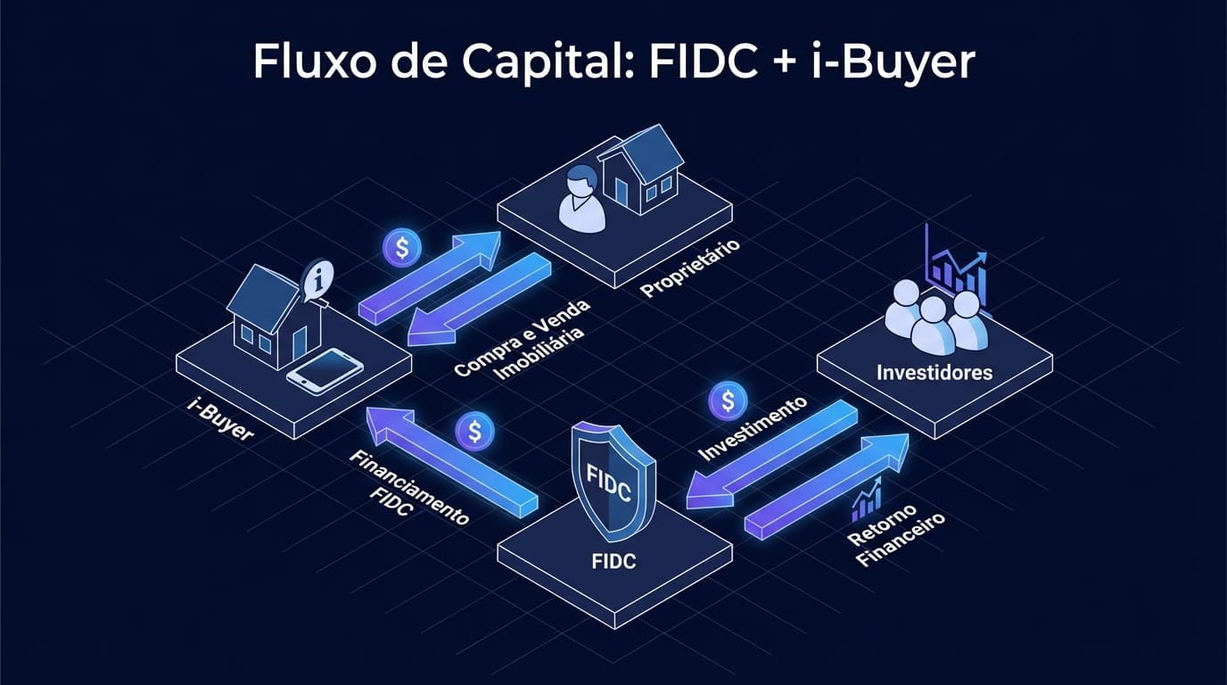 Infográfico ilustrando o fluxo de capital entre um i-Buyer, o proprietário do imóvel, o FIDC e os investidores.