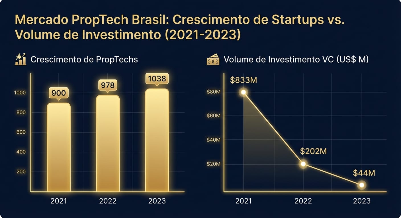 Gráfico comparativo mostrando o crescimento do número de PropTechs no Brasil (2021-2023) versus a queda no volume de investimento de Venture Capital no mesmo período.