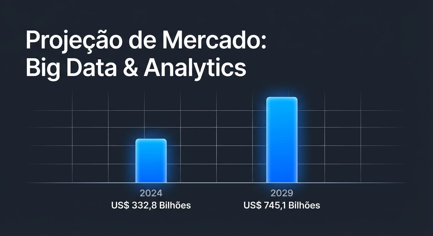 Gráfico de barras 3D mostrando o crescimento do mercado global de Big Data & Analytics de US$ 332,8 Bilhões em 2024 para US$ 745,1 Bilhões em 2029.