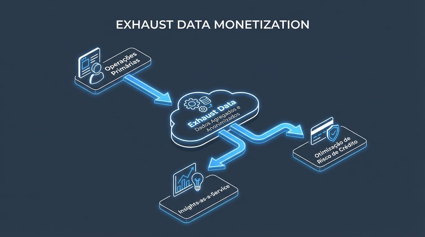 Diagrama de fluxo ilustrando a monetização de Exhaust Data, desde as operações primárias até a geração de Insights-as-a-Service e otimização de risco de crédito.