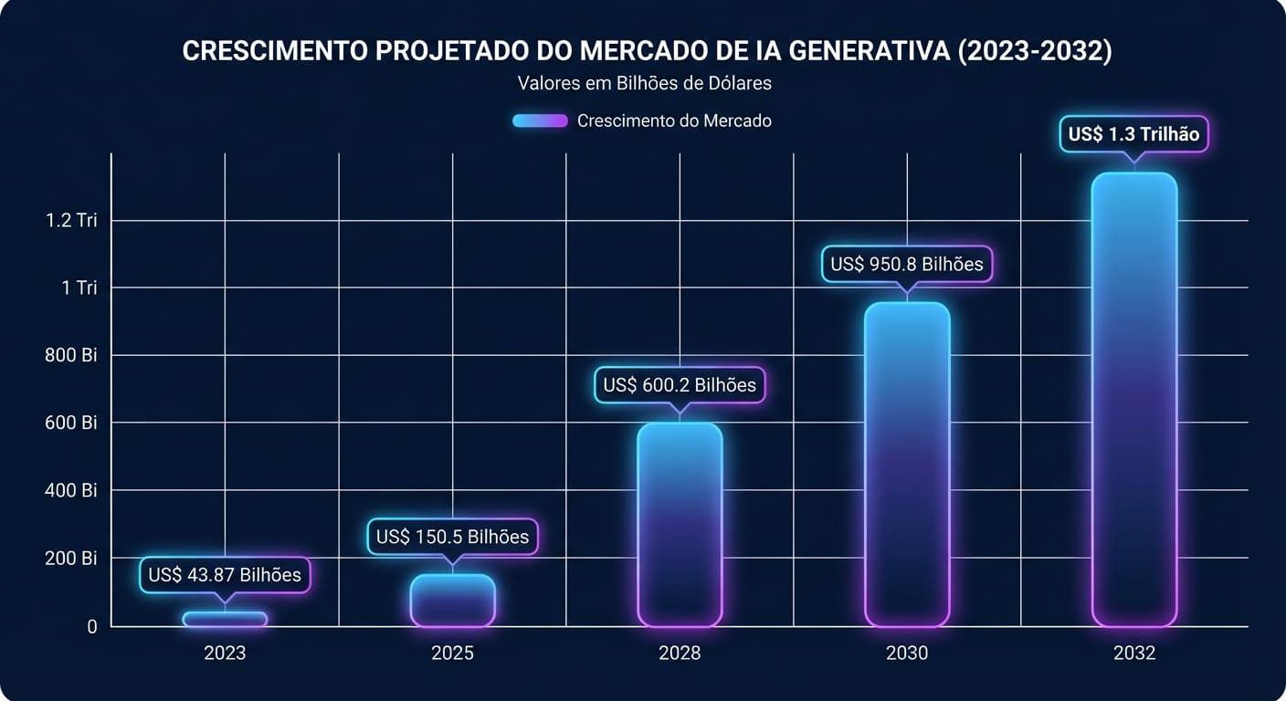 Gráfico de barras estilizado mostrando o crescimento projetado do mercado de IA Generativa de US$ 43.87 bilhões em 2023 para US$ 1.3 trilhão em 2032.