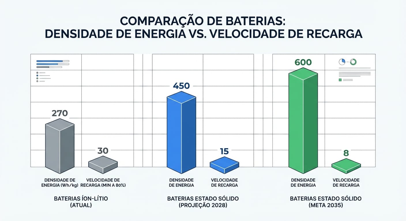 Gráfico de barras 3D comparando a densidade de energia (Wh/kg) e a velocidade de recarga de baterias de Íon-Lítio, Estado Sólido (2028) e Estado Sólido (2035), mostrando a evolução da tecnologia.