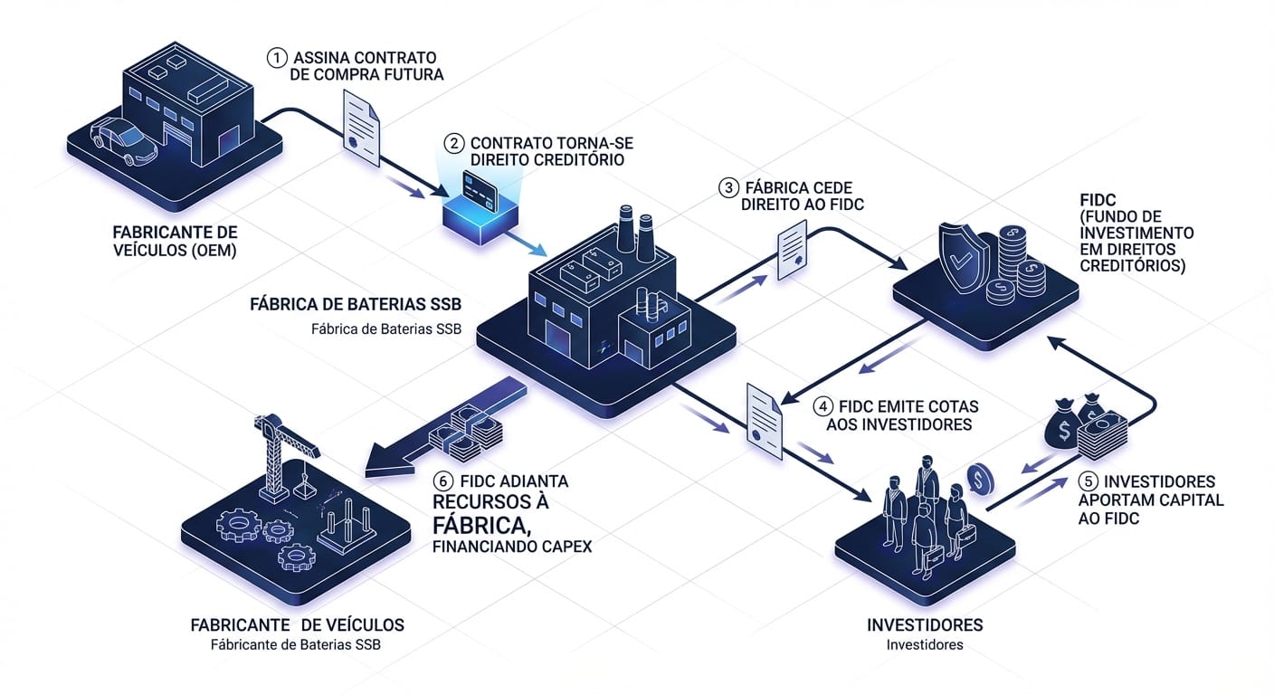 Diagrama de fluxo ilustrando como um Contrato de Offtake entre uma Montadora e uma Fábrica de Baterias viabiliza o financiamento via FIDC para cobrir o CAPEX.