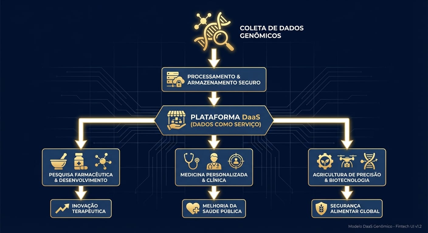 Diagrama do modelo de negócio Data-as-a-Service para genômica, mostrando o fluxo desde a coleta de dados até a aplicação em P&D farmacêutico.