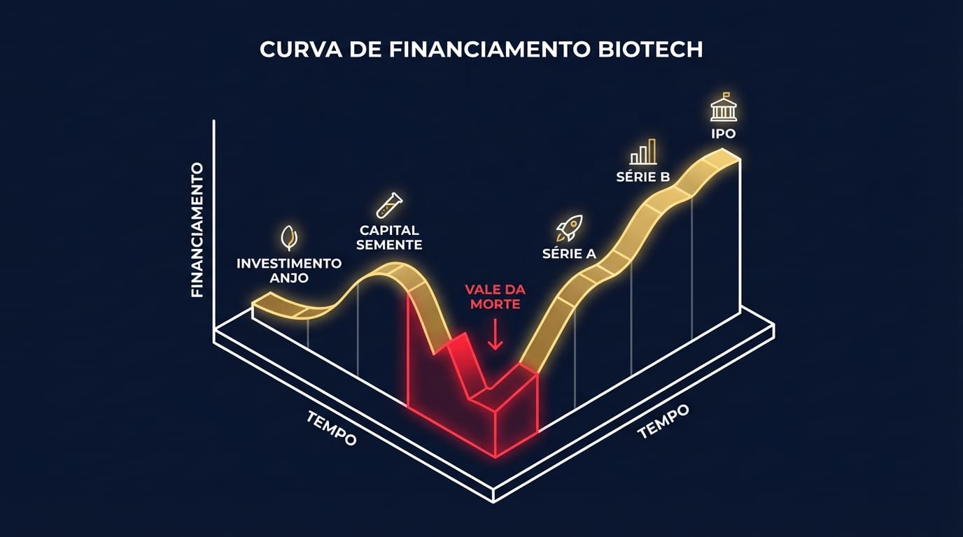 Gráfico do Vale da Morte no financiamento de startups de biotecnologia, mostrando a queda de capital entre a pesquisa inicial e as fases clínicas.