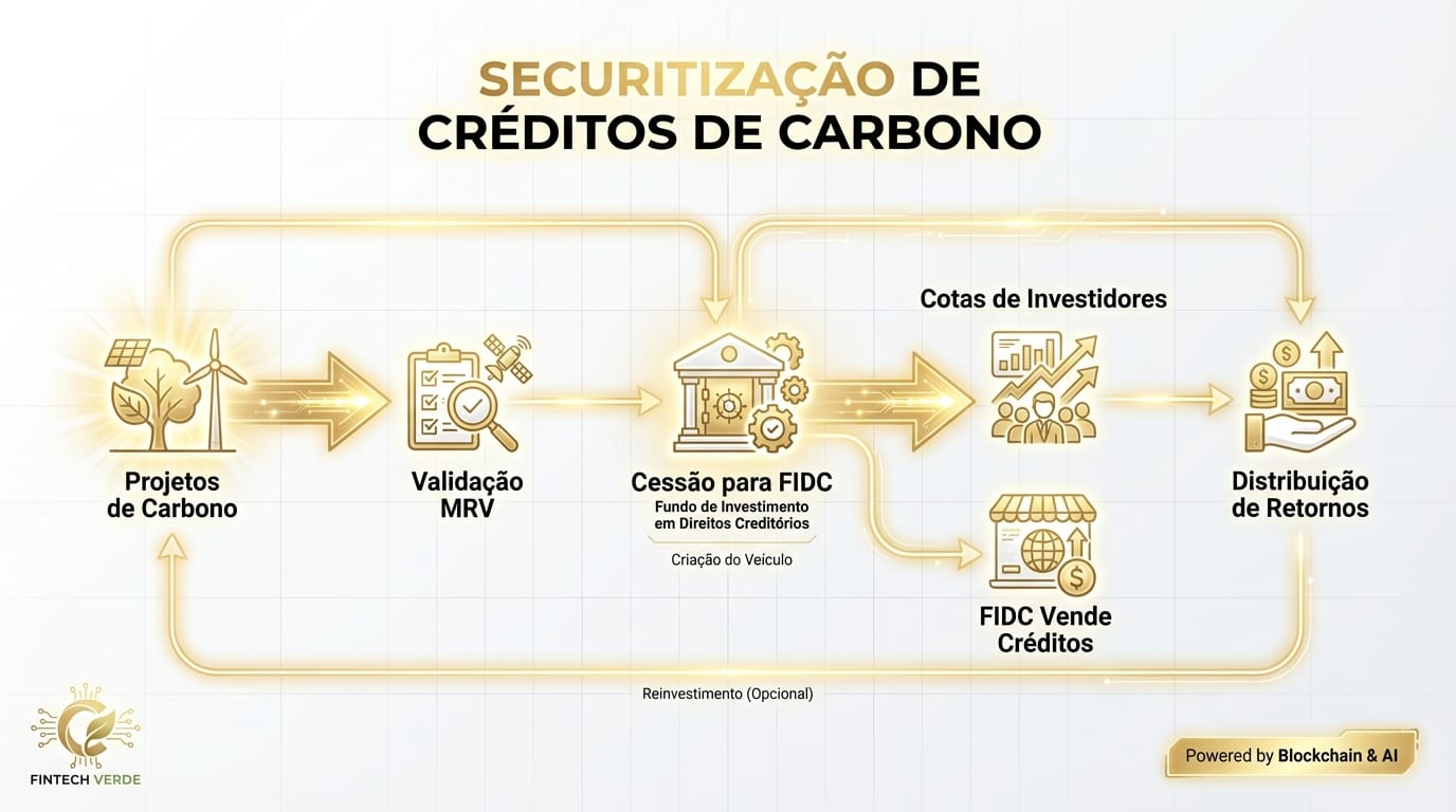 Infográfico ilustrando o fluxo de securitização de créditos de carbono, desde a originação em projetos até a distribuição de retornos para investidores do FIDC.