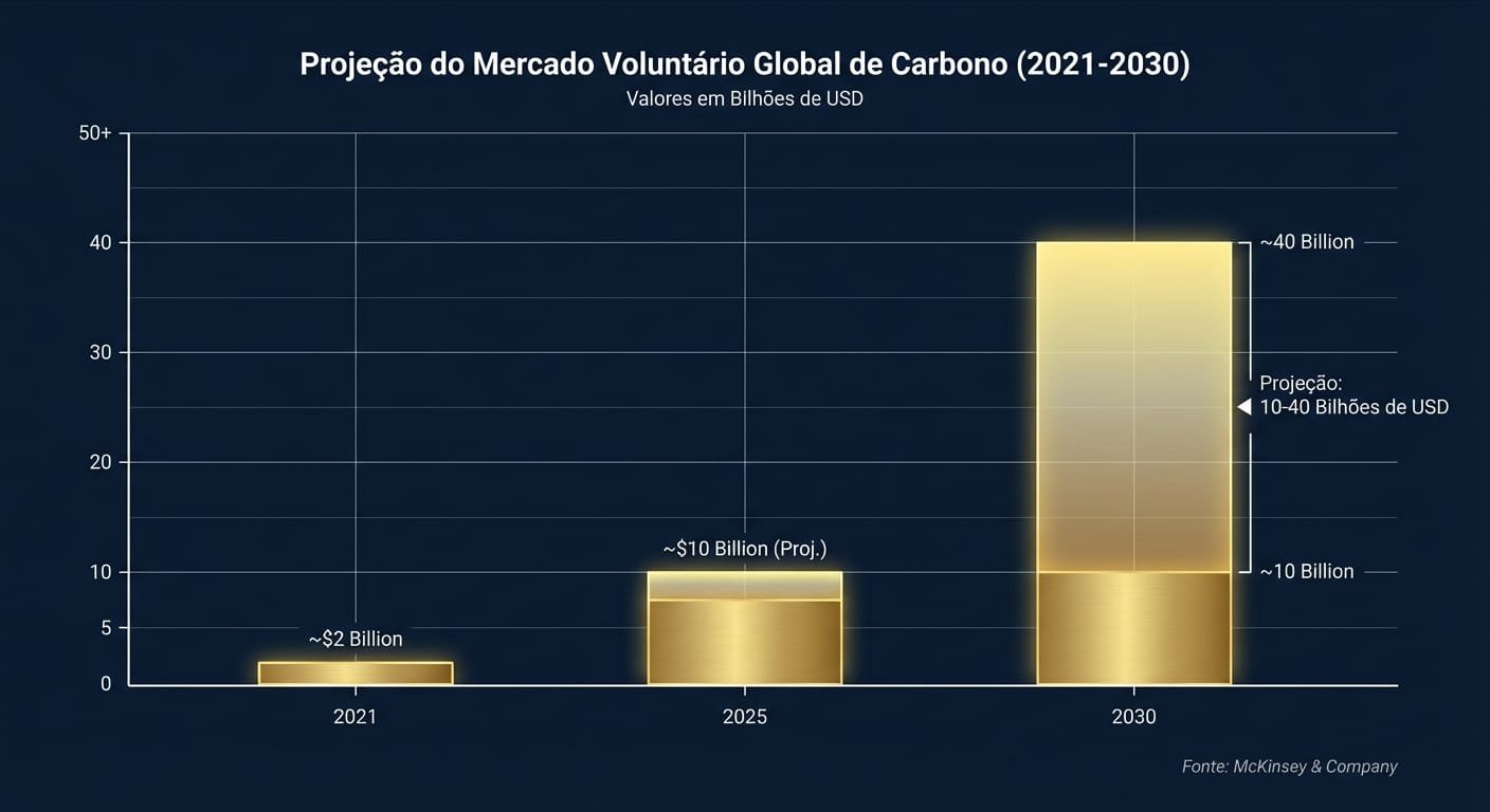 Gráfico de barras mostrando a projeção de crescimento do mercado voluntário global de carbono de 2021 a 2030, com fontes da McKinsey & Company.