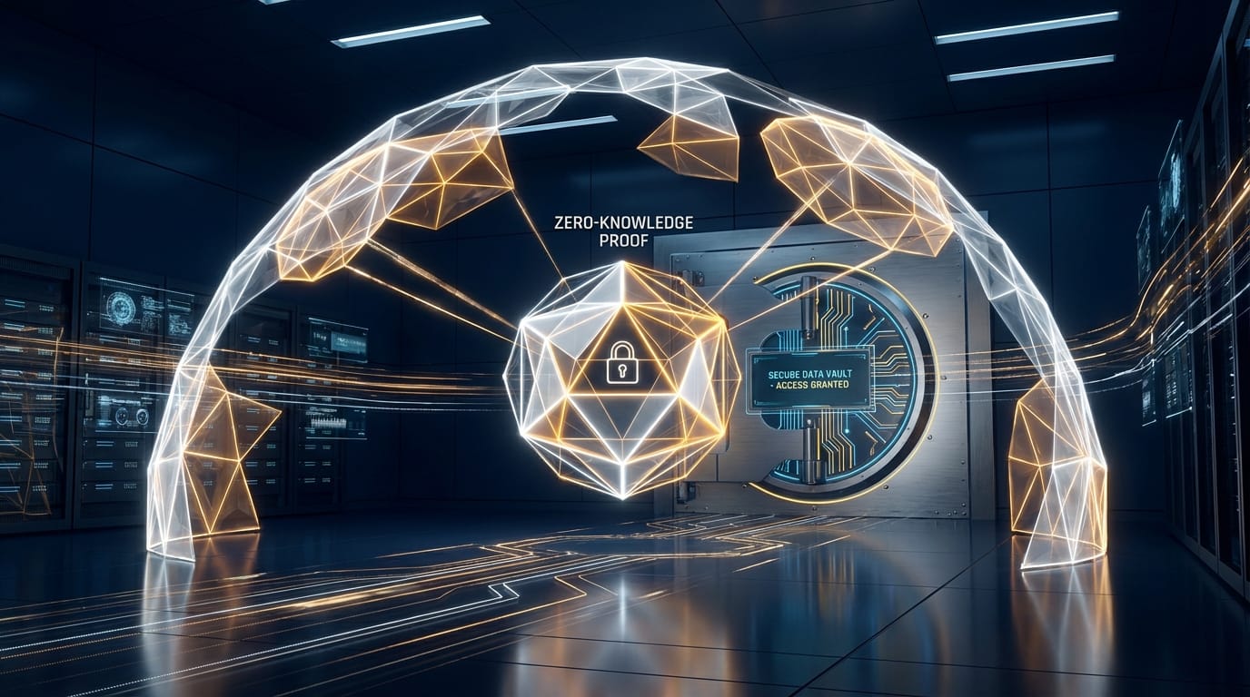 Imagem conceitual abstrata representando a criptografia de Zero-Knowledge Proofs, com um cofre digital protegido por escudos de luz poligonais em tons de azul escuro e neon.