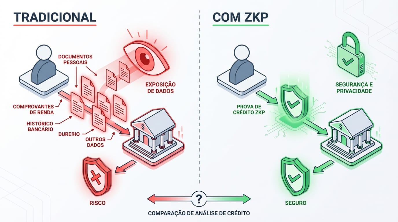 Diagrama de fluxo comparando a análise de crédito tradicional, com exposição de dados, versus a análise com ZKP, que utiliza um selo de verificação seguro e privado.