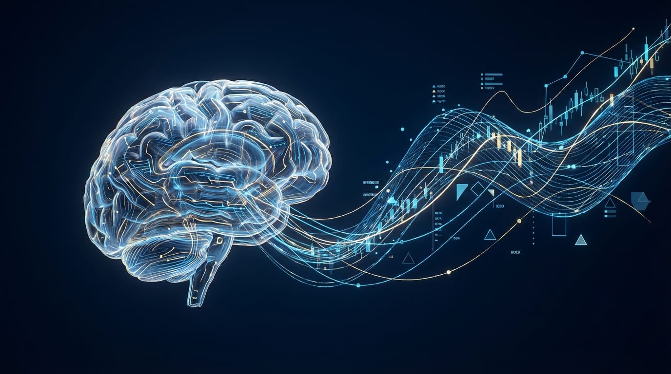 Fusão entre cérebro humano e tecnologia financeira, com circuitos neurais brilhantes conectando-se a um gráfico de mercado financeiro digital.