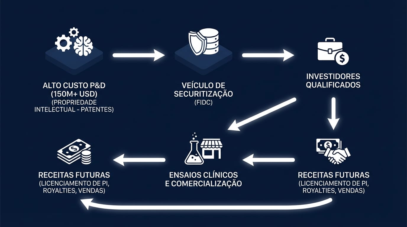 Diagrama de fluxo ilustrando o modelo de financiamento de Neurotech via FIDC, desde o P&D até o retorno aos investidores.