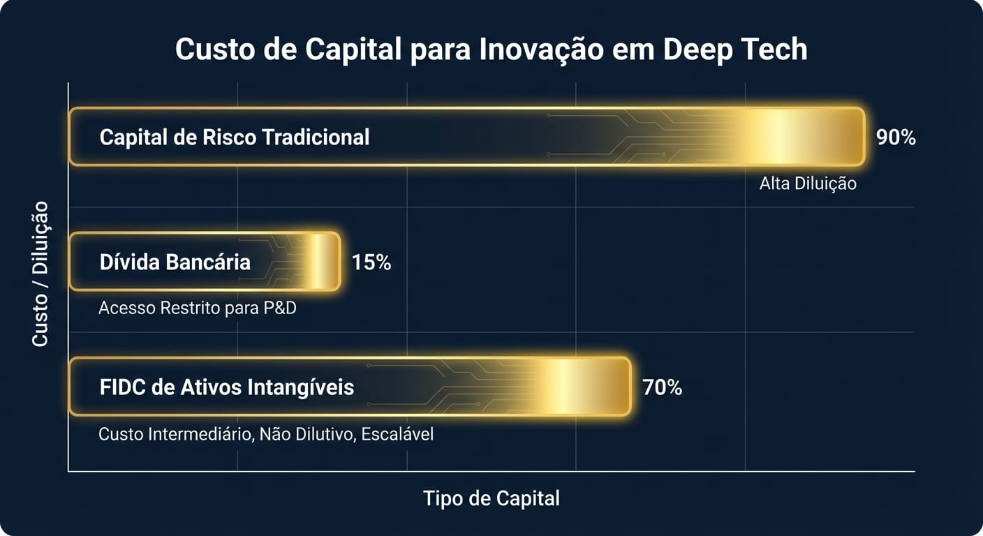 Gráfico de barras comparando o custo de capital para inovação em Deep Tech entre Venture Capital, Dívida Bancária e FIDC de Ativos Intangíveis.