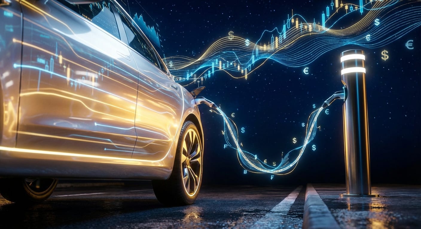 Representação abstrata da interseção entre finanças e mobilidade sustentável, com um veículo elétrico estilizado, fluxos de dados digitais e gráficos financeiros, simbolizando investimento e tecnologia.