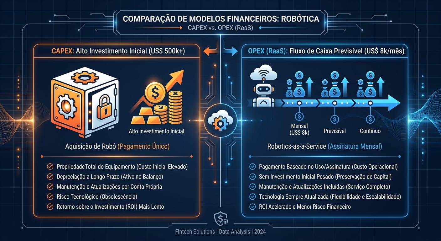 Infográfico comparando o alto investimento inicial (CAPEX) na compra de robôs com o fluxo de caixa previsível e mensal do modelo Robotics-as-a-Service (RaaS), que opera como OPEX.