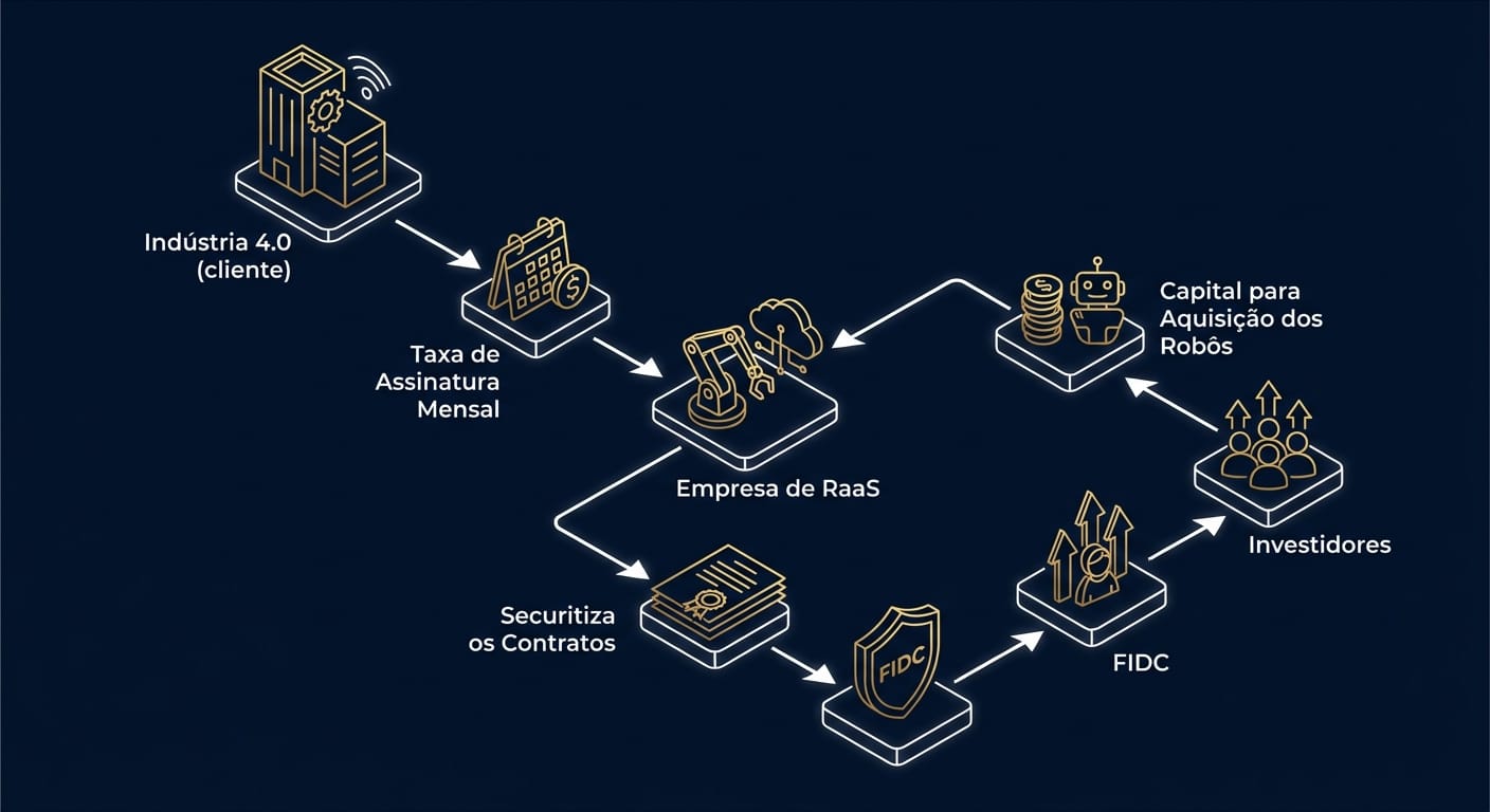 Diagrama de fluxo ilustrando como um FIDC financia uma operação de Robotics-as-a-Service (RaaS), conectando investidores, a empresa de RaaS e a indústria final em um ciclo de capital.